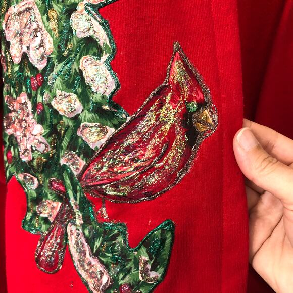 VTG 90s Girardin Christmas Cardinal Sweatshirt Cardigan L Glitter Appliqué USA - Picture 5 of 13